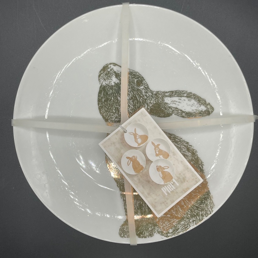 Pier 1 Rabbit Salad Plates Set of 4 Porcelain Gold Green Easter Bunny 8.25 in